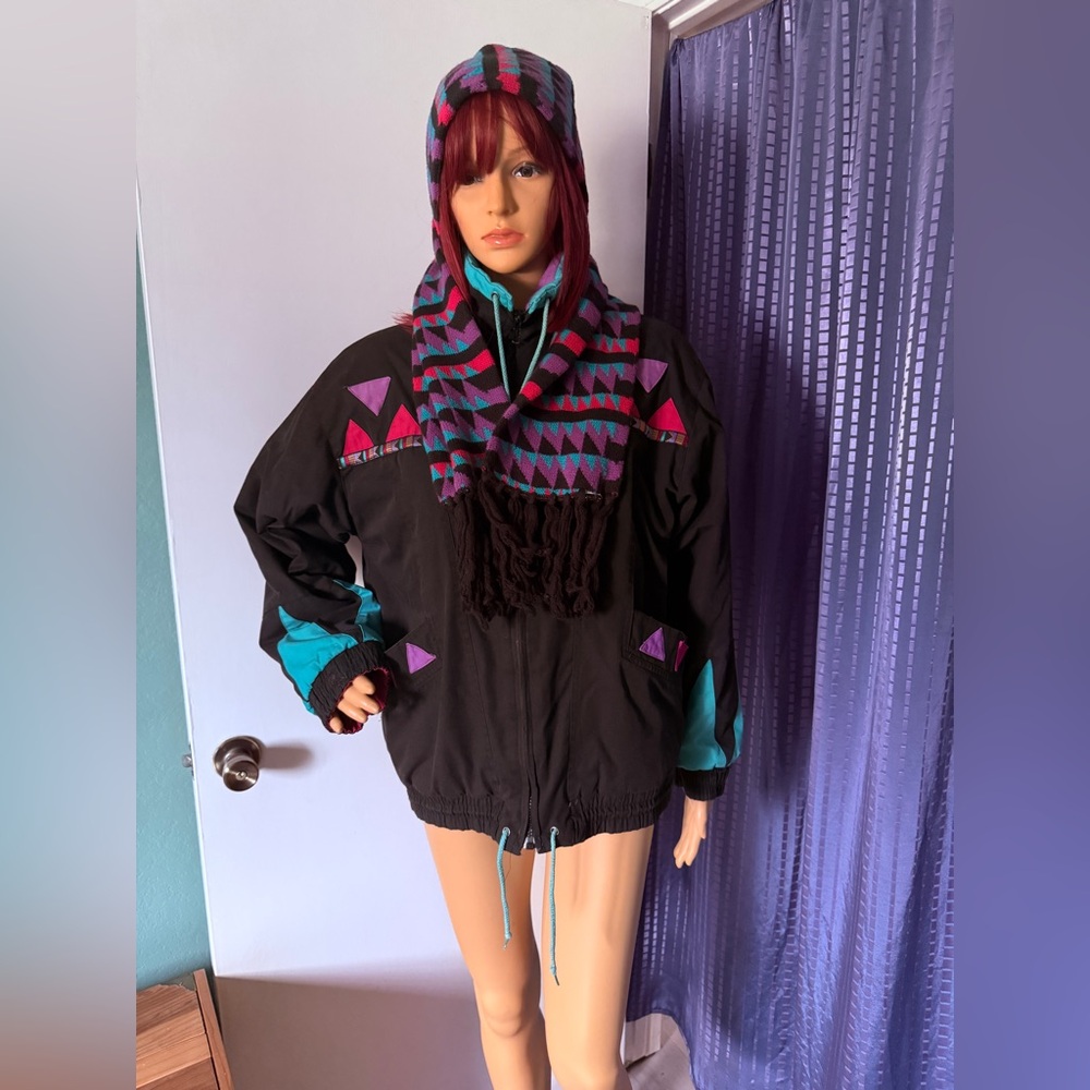Vintage Black b.i. GEAR Quilted Jacket M Oversize + Matching Scarf Warm 90s